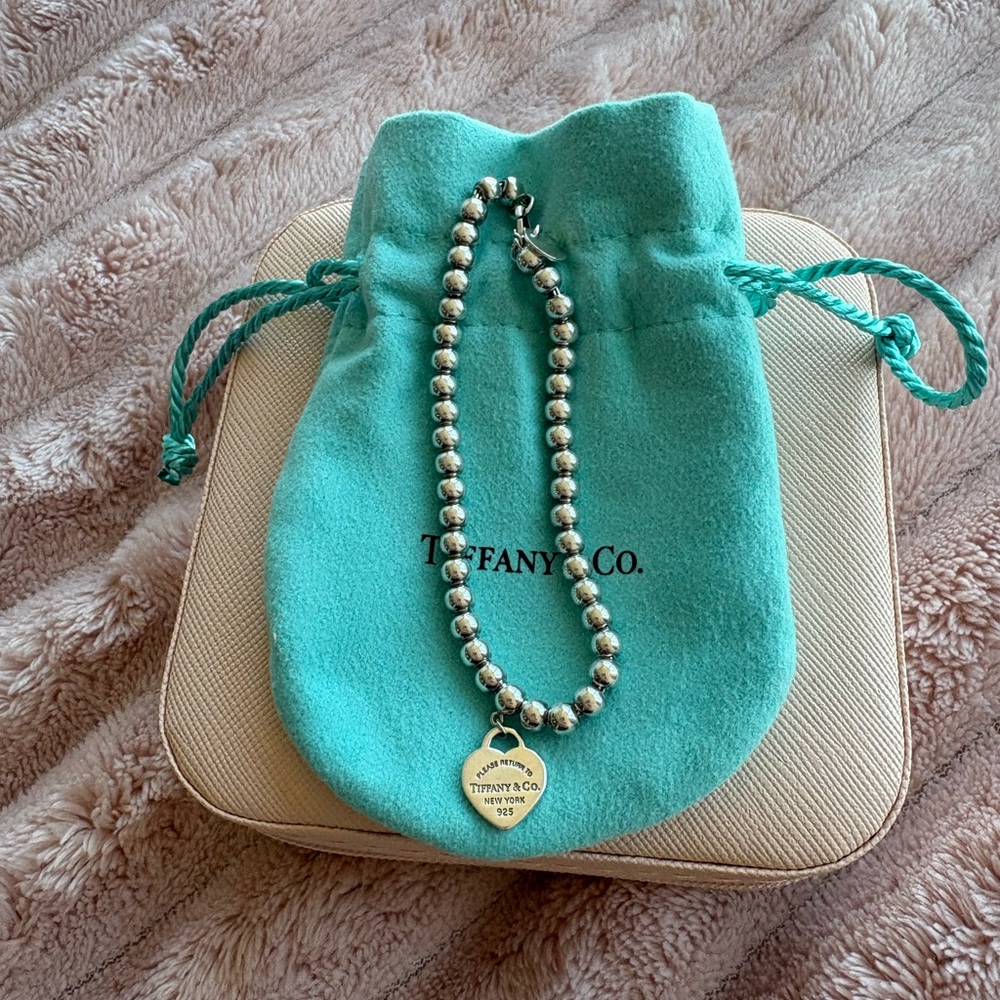 Tiffany & Co. Silver Beaded Necklace with Heart Pendant